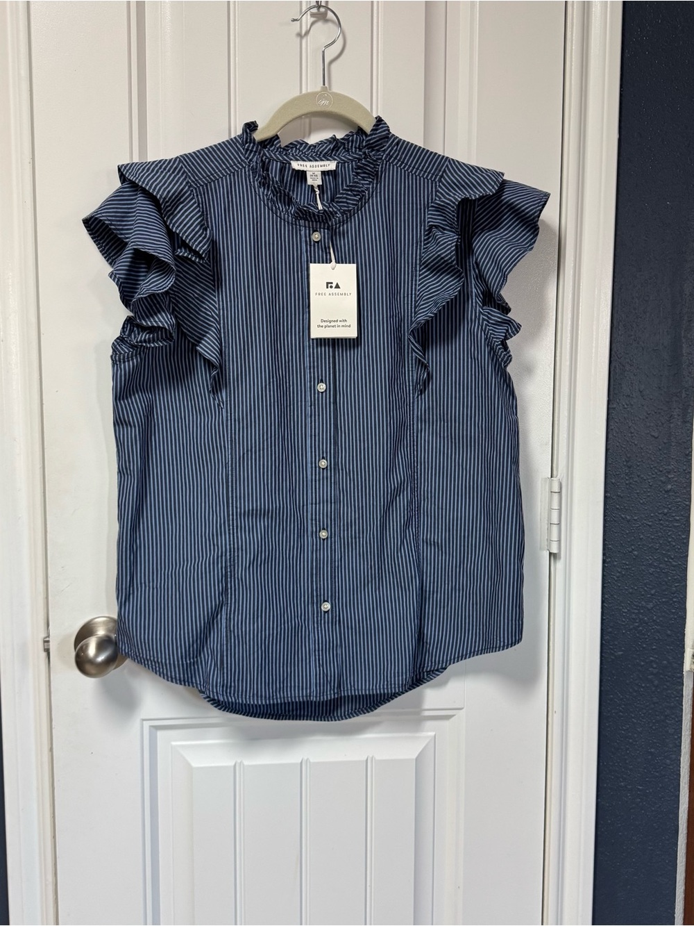 NWT Free Assembly Blouse Ruffle Cap Sleeve Black Striped Button Up Preppy Size M